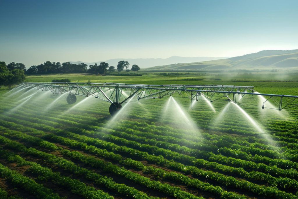 An agricultural sprinkler system spraying a large crop.